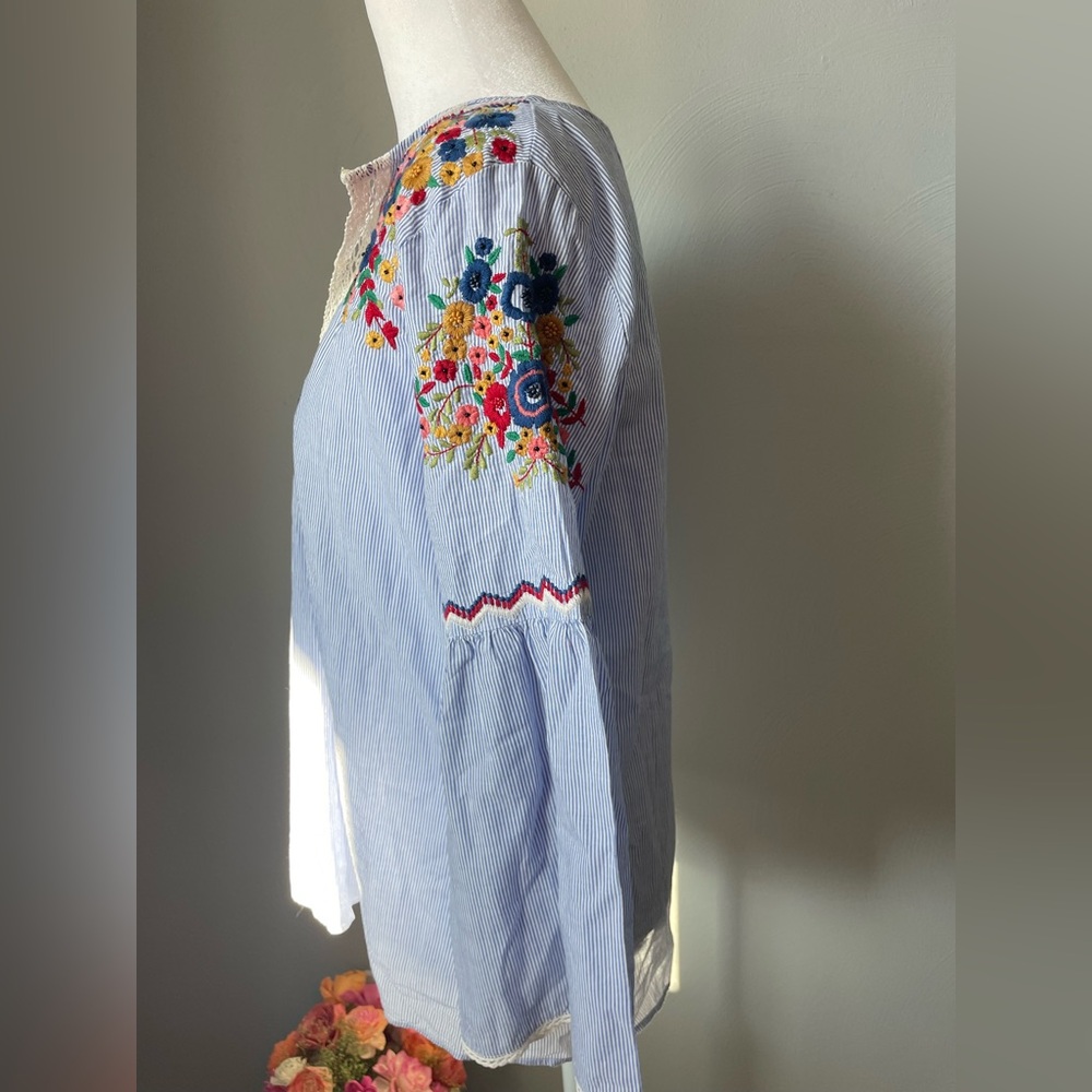 Zara Boho Striped Embroidered Peasant Top - Bell Sleeves & Crochet Lace - Picture 4 of 9
